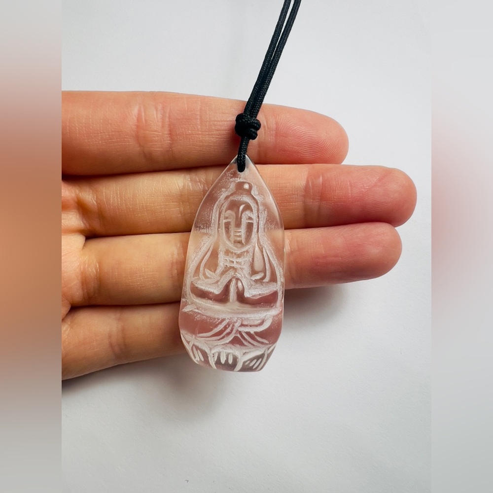 Rock Crystal Quartz Prayer Pendant Hand Carved Healing Necklace Jewelry Vintage